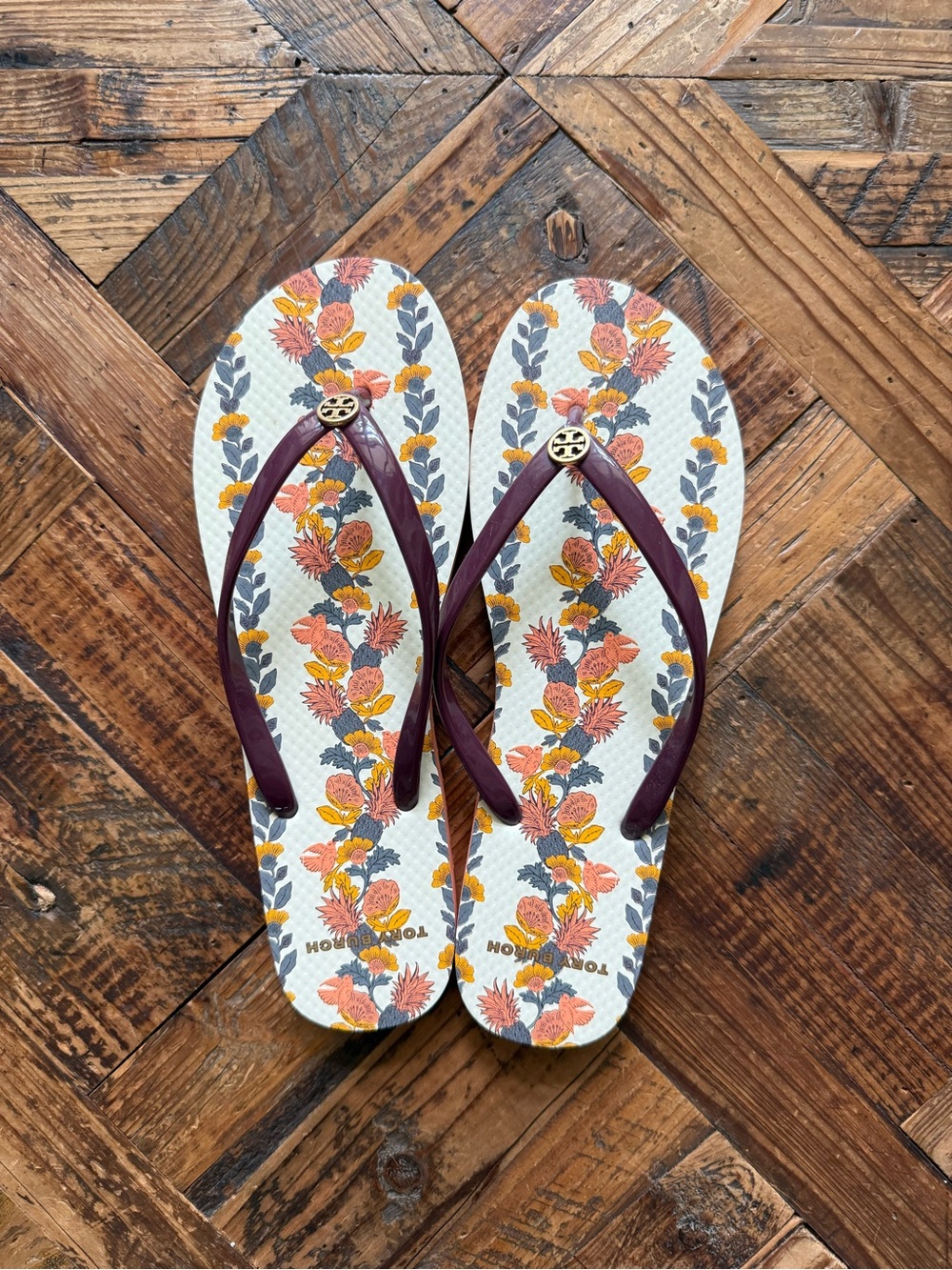 Tory Burch Floral Flip Flop Sandals in Burgundy and Yellow